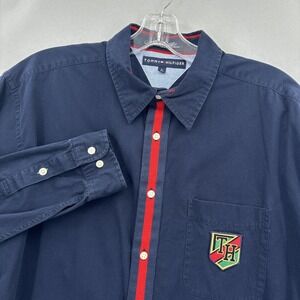 Vintage Tommy Hilfiger Shirt Mens Large Navy Button Down TH Crest Preppy 90s Y2k